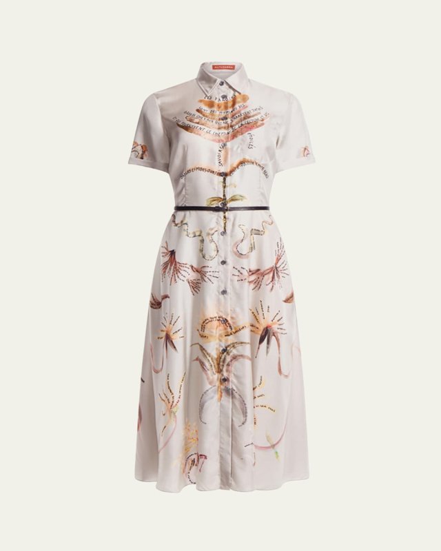 Kiera Printed Short-Sleeve Silk Midi Shirtdress
